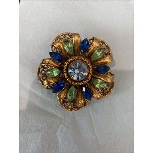 J6) Gorgeous Large Brooch Emerald Green & Royal Rhinestones Gold Metal 2”